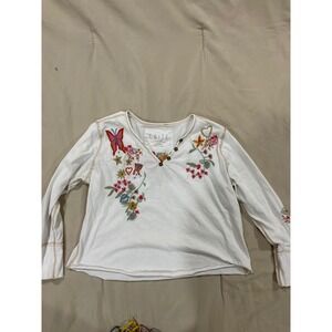 Caite White Embroidered Butterfly Floral Henley Long Sleeve Top Womens Small